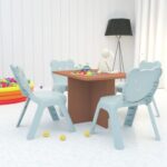 Mahmayi Modern Wooden Child Desk with 4 Plastic Chairs, Sturdy and Safe Learning Space Children Smooth Round Edge Safe Table Ideal for Toddler and Kids - Caramel Nude