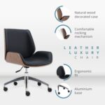 Skyland Premium Design Leather Office Chair – Ergonomic Mid-Back Desk Chair with Natural Wood Case, Comfortable Cushioned Seat, PU Leather Upholstery, Swivel Aluminum Base and Smooth Rolling Casters
