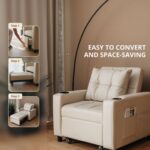 Skyland Convertible Leather Chair Sleeper Bed – 3 in 1 Compact Sofa with Cup Holders, Storage Pocket, USB & Type-C Charging Ports, Multi-Functional Recliner, Modern Foldable Lounge Chair (Beige)