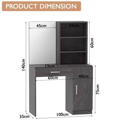 Mahmayi Modern Dresser With Vanity Mirror and Open Shelves, Elegant Dressing Table with Storage Drawer and Ample Leg Room, Perfect for Home Decor - Anthracite Metal Fabric - Image 3