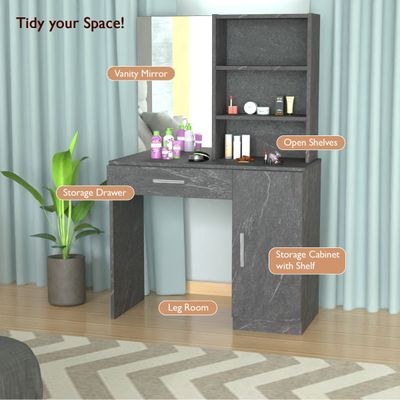 Mahmayi Modern Dresser With Vanity Mirror and Open Shelves, Elegant Dressing Table with Storage Drawer and Ample Leg Room, Perfect for Home Decor - Anthracite Metal Fabric - Image 4