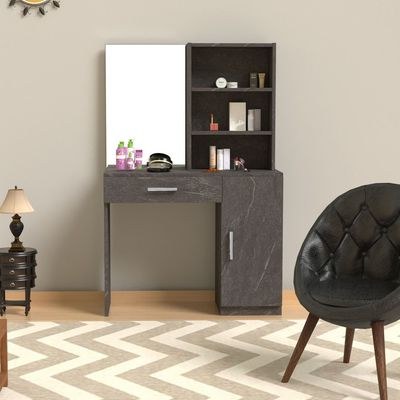 Mahmayi Modern Dresser With Vanity Mirror and Open Shelves, Elegant Dressing Table with Storage Drawer and Ample Leg Room, Perfect for Home Decor - Anthracite Metal Fabric - Image 5