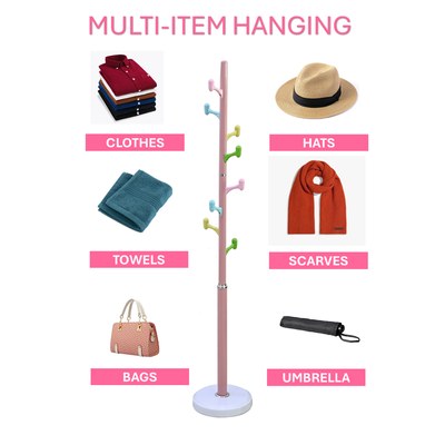 Arfan Freestanding Coat Rack – Metal Clothing Hanger with 8 Multi-Color Hooks | Easy Assembly for Entryway, Bedroom & Hallway | Coat Stand for Hats, Bags, Clothes & Umbrellas (Pink) - Image 5