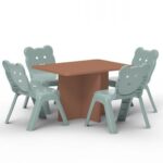 Mahmayi Modern Wooden Child Desk with 4 Plastic Chairs, Sturdy and Safe Learning Space Children Smooth Round Edge Safe Table Ideal for Toddler and Kids - Caramel Nude