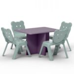 Mahmayi Modern Wooden Child Desk with 4 Plastic Chairs, Sturdy and Safe Learning Space Children Smooth Round Edge Safe Table Ideal for Toddler and Kids - Purple