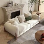Soft Wool Plush Sofa Set, Walnut Legs, Overall Solid Wood Frame Sofa and High Density Memory Foam Sofa Cushion,Modern Minimalist Cream White Style Living Room Sofa Sets