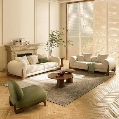 Soft Wool Plush Sofa Set, Walnut Legs, Overall Solid Wood Frame Sofa and High Density Memory Foam Sofa Cushion,Modern Minimalist Cream White Style Living Room Sofa Sets - Image 4