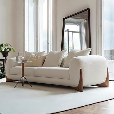 Soft Wool Plush Sofa Set, Walnut Legs, Overall Solid Wood Frame Sofa and High Density Memory Foam Sofa Cushion,Modern Minimalist Cream White Style Living Room Sofa Sets - Image 5