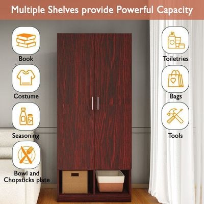 Mahmayi Modern 2 Door Wardrobe, Ample Space with Durable Design, Multiple Versatile Shelves for Clothes and Accessories, Home and Bedroom Furniture - Dark Walnut - Image 4
