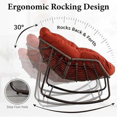 Large Indoor Outdoor Rocking Chair, Oversized Rocking Papasan Chair with Thick Cushion and Frame Outdoor Rocker, Comfy Wicker Egg Chairs Lounge for Outside Porch Patio Backyard Balcony (Red) - Image 3