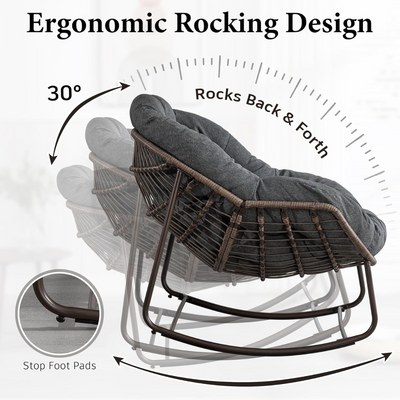 Large Indoor Outdoor Rocking Chair, Oversized Rocking Papasan Chair with Thick Cushion and Frame Outdoor Rocker, Comfy Wicker Egg Chairs Lounge for Outside Porch Patio Backyard Balcony (Dark Grey) - Image 4