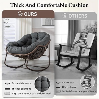 Large Indoor Outdoor Rocking Chair, Oversized Rocking Papasan Chair with Thick Cushion and Frame Outdoor Rocker, Comfy Wicker Egg Chairs Lounge for Outside Porch Patio Backyard Balcony (Dark Grey) - Image 5