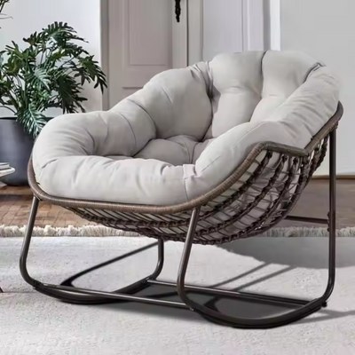 Large Indoor Outdoor Rocking Chair, Oversized Rocking Papasan Chair with Thick Cushion and Frame Outdoor Rocker, Comfy Wicker Egg Chairs Lounge for Outside Porch Patio Backyard Balcony (Light Grey) - Image 3