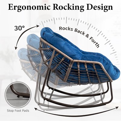 Large Indoor Outdoor Rocking Chair, Oversized Rocking Papasan Chair with Thick Cushion and Frame Outdoor Rocker, Comfy Wicker Egg Chairs Lounge for Outside Porch Patio Backyard Balcony (Blue) - Image 3