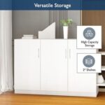 Mahmayi Modern 3 Door Credenza Versatile Storage Solution Furniture with 2 Shelves Stylish Credenza for Living Room, Office and Home Decor - White