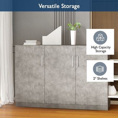 Mahmayi Modern 3 Door Credenza Versatile Storage Solution Furniture with 2 Shelves Stylish Credenza for Living Room, Office and Home Decor - Light Concrete - Image 4