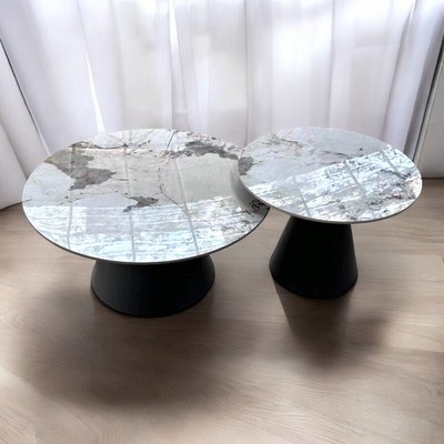 Peculiar Stylish Round Marble Top Metalic Coffee Table For Living Room ( Set of 2 ) - Image 4