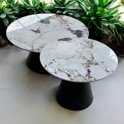 Peculiar Stylish Round Marble Top Metalic Coffee Table For Living Room ( Set of 2 ) - Image 5