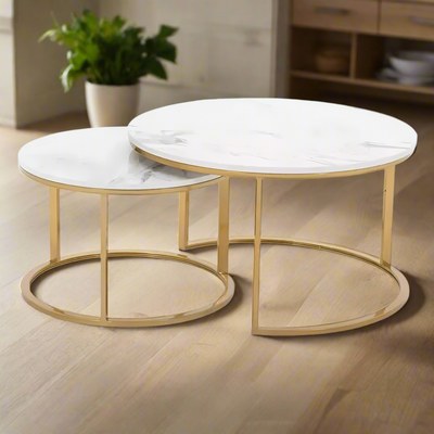 Modern Designer Marble Top Metal Frame Round Coffee Table ( Set of 2 ) - Image 5