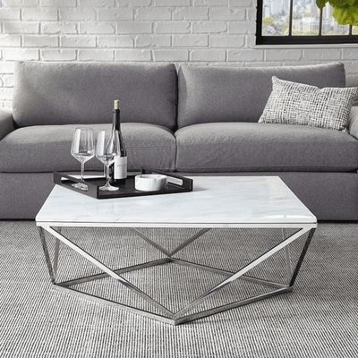Modern Contemporary Marble Top Coffee Table Stainless Steel Base Polished Chrome Finish for Elegant Living Room