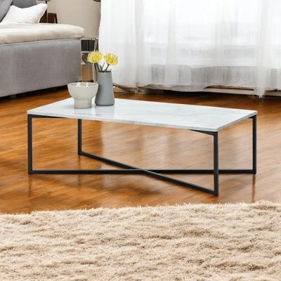 Auxz Modern Metal Base Marble Top Rectangular Coffee Table with Durable Metal Base, Elegant Center Table for Living Room ( Black & White )