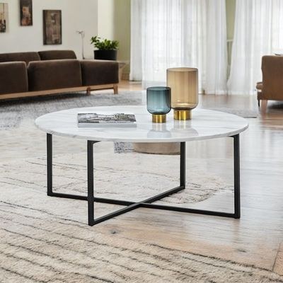 Auxz Modern Contemporary Metal Base Marble Top Round Coffee Table ( White & Black ) - Image 2