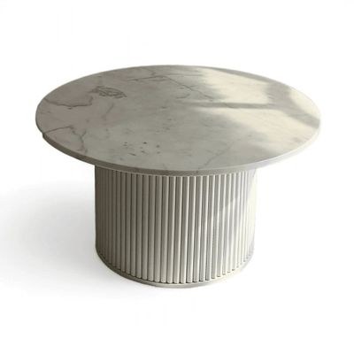 Ossa Ribbed Solid Wood & Marble Top Round Coffee Table Modern Rustic Design for Living Room - Image 3