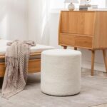 Modern Round Boucle Upholstered Ottoman – Soft White Minimalist Footstool for Living Room, Bedroom or Entryway