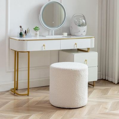 Modern Round Boucle Upholstered Ottoman – Soft White Minimalist Footstool for Living Room, Bedroom or Entryway - Image 3