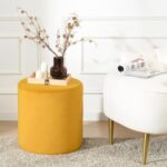 Modern Round Velvet Upholstered Ottoman – Yellow Multi-Functional Footstool for Living Room, Bedroom or Entryway