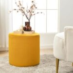 Modern Round Velvet Upholstered Ottoman – Yellow Multi-Functional Footstool for Living Room, Bedroom or Entryway