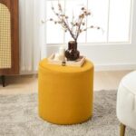 Modern Round Velvet Upholstered Ottoman – Yellow Multi-Functional Footstool for Living Room, Bedroom or Entryway