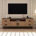 AWD Wooden TV Stand Entertainment Center Unit, 200cm Wide TV Console Cabinet, Brown Wood with Black Top, 4 Drawers Open Shelf Compartment