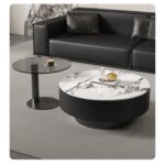 Modern Round Coffee Table Set – Black Marble Finish with Side Table
