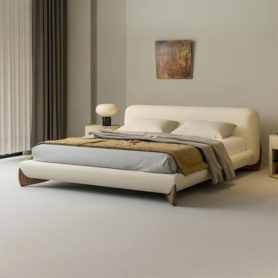 MAPLEHOME Beds Frame Platform Upholstered Bed-Fleece Fabric Wrap-Solid Wood Legs-White Super King Size Bed 200*200 With Free Installation