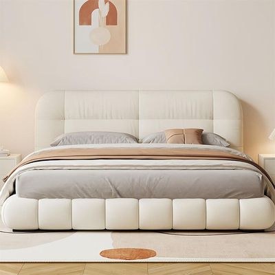 MAPLEHOME Beds Frame Platform Upholstered Bed-Beige Velvet-Super King Size Bed 200*200 With Free Installation - Image 4