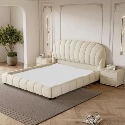 MAPLEHOME Beds Frame Platform Upholstered Bed,Beige Velvet Fan-Shape,Queen Size Bed 160*200,With Free Installation - Image 2
