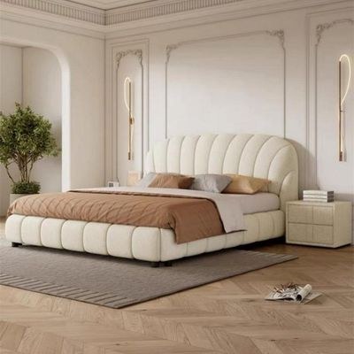 MAPLEHOME Beds Frame Platform Upholstered Bed,Beige Velvet Fan-Shape,Super King Size Bed 200*200,With Free Installation