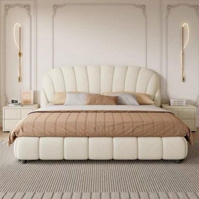 MAPLEHOME Beds Frame Platform Upholstered Bed,Beige Velvet Fan-Shape,Queen Size Bed 160*200,With Free Installation