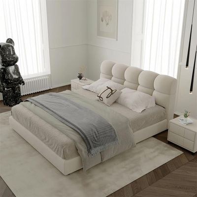 MAPLEHOME Beds Frame Platform Upholstered Bed,Off-White Velvet Bubble Shape,Queen Size Bed 160*200,With Free Installation