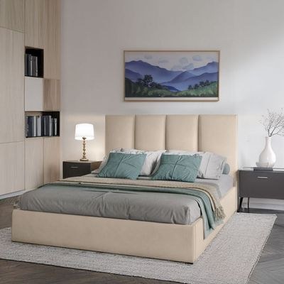Emma Hydraulic Velvet Luxurious Twin Bed-Light Beige