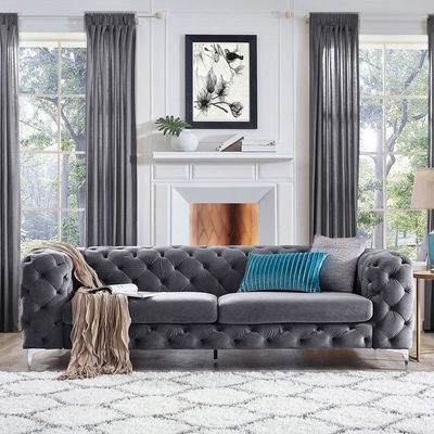 Corvus Tufted Velvet Chesterfield Rolled Arm Sofa - L100xW240xH75 - Grey - Image 2