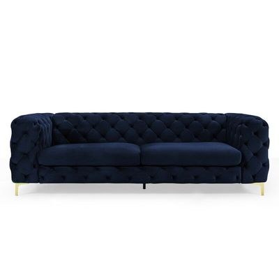 Corvus Tufted Velvet Chesterfield Rolled Arm Sofa - L100xW240xH75 - Navy Blue