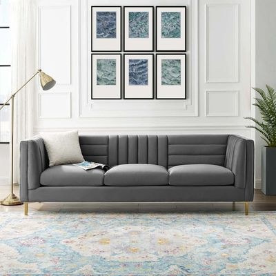 Addlon Channel Tufted Grey Velvet Sofa - L85xW230xH76 - Grey - Image 2