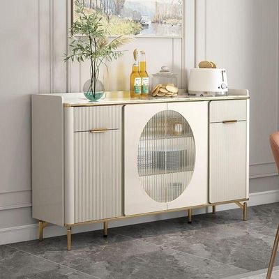 Modern Cream Sideboard Buffet Cabinet with Golden Legs & Glass Doors-Luxury Storage Console for Dining Room, Kitchen, or Living Area-Off White