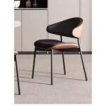 Modern Minimalist Dining Chair - Black Leather Seat, Wood Accents & Metal Frame(1 piece)