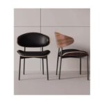 Modern Minimalist Dining Chair - Black Leather Seat, Wood Accents & Metal Frame(1 piece)