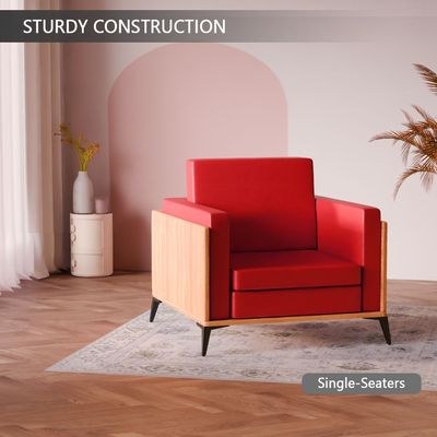 Stylish Single Seat Coco Bolo Wooden Sofa with Comfortable PU Cushion, Durable and Space Saving Design, Ideal for Home, Office, Living Room and Lounge Area - Red - Image 4