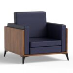 Stylish Single Seat Natural Dijon Walnut Wooden Sofa with Comfortable PU Cushion, Durable and Space Saving Design, Ideal for Home, Office, Living Room and Lounge Area - Blue