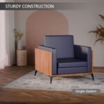 Stylish Single Seat Natural Dijon Walnut Wooden Sofa with Comfortable PU Cushion, Durable and Space Saving Design, Ideal for Home, Office, Living Room and Lounge Area - Blue